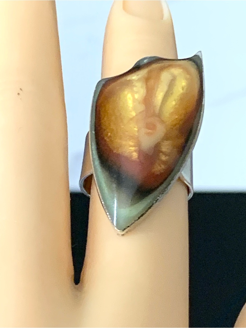 Unique Vintage Brutalist Statement Ring - High-Polish Silver Plated Copper & Amb